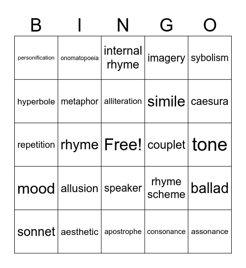 AP Lit Poetic Devices Bingo Card