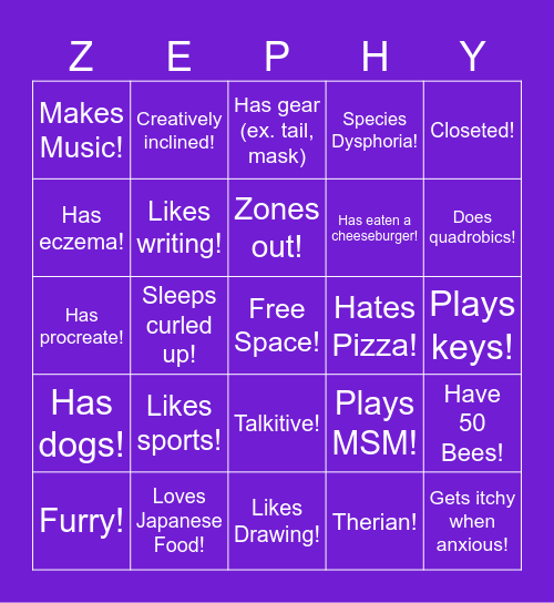 Zephyr Bingo Card