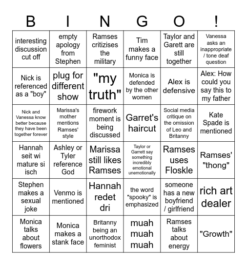 Love is Blind Reunion Bingo Card