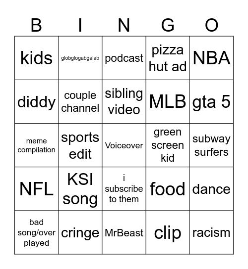 YT Shorts Bingo 2024 Bingo Card