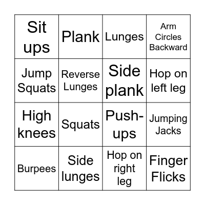 Exercise Bingo Card