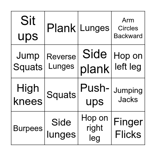 Exercise Bingo Card