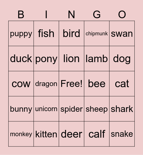 animal bingo Card