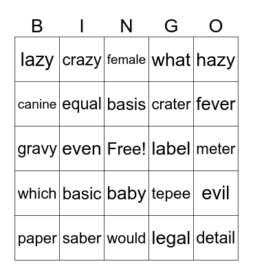 Open Syllables Bingo Card