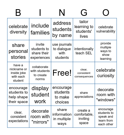 Fostering a Sense of Belonging Bingo Card