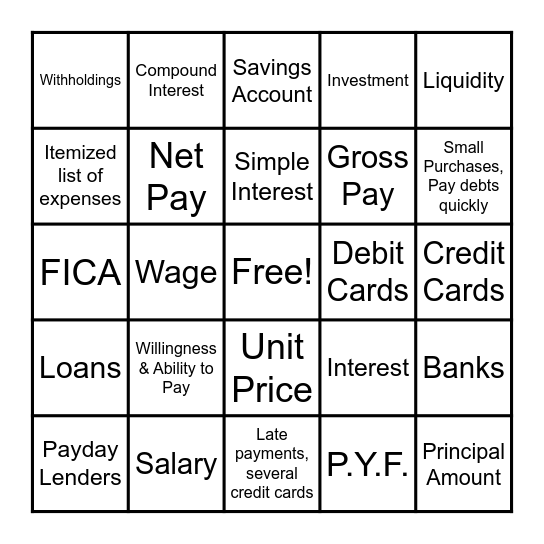 Unit 2- Personal Finance BINGO Card