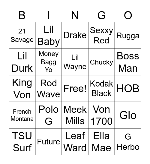 Hip Hop Bingo Card