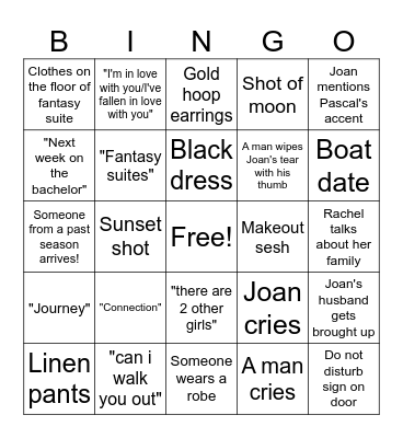 Golden Bachelorette Fantasy Suites Bingo Card