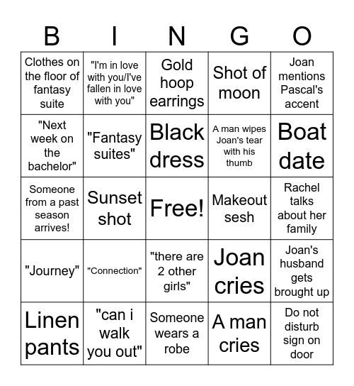 Golden Bachelorette Fantasy Suites Bingo Card