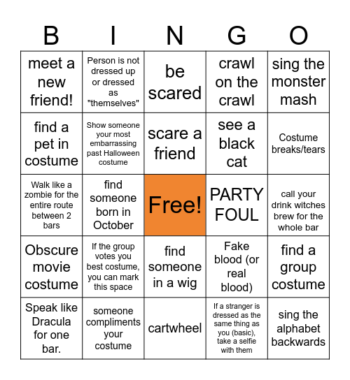 Halloween Bar Crawl Bingo Card