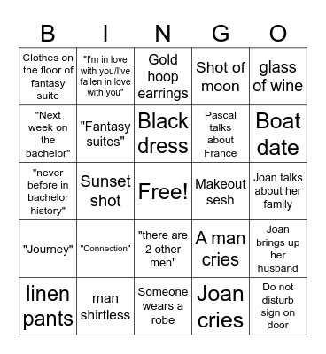 Bachelor Fantasy Suites Bingo Card
