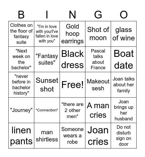 Bachelor Fantasy Suites Bingo Card