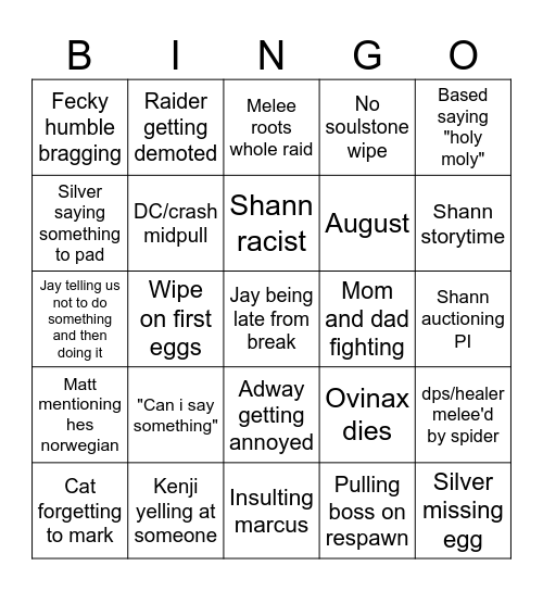 Valiant raid Bingo Card