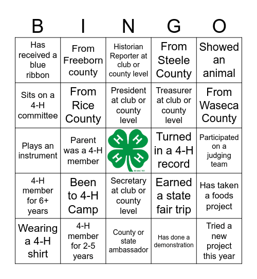 4-H Bingo Card