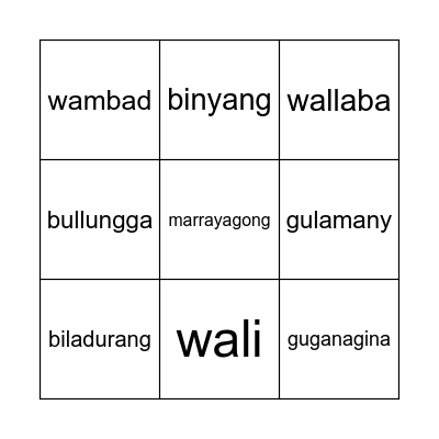 Dharug Animals Bingo Card