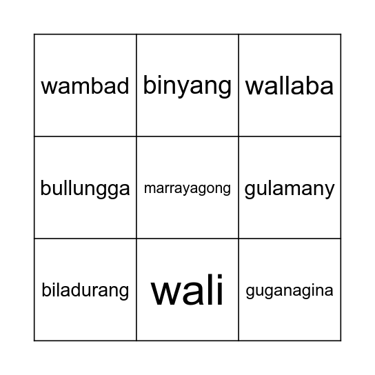 Dharug Animals Bingo Card