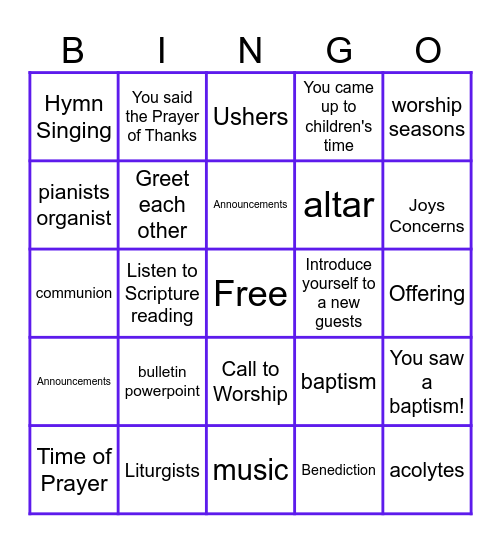 Worship Bingo! Bingo Card