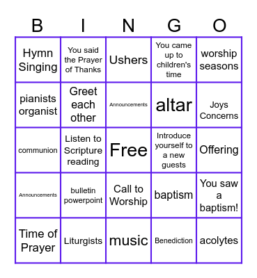Worship Bingo! Bingo Card
