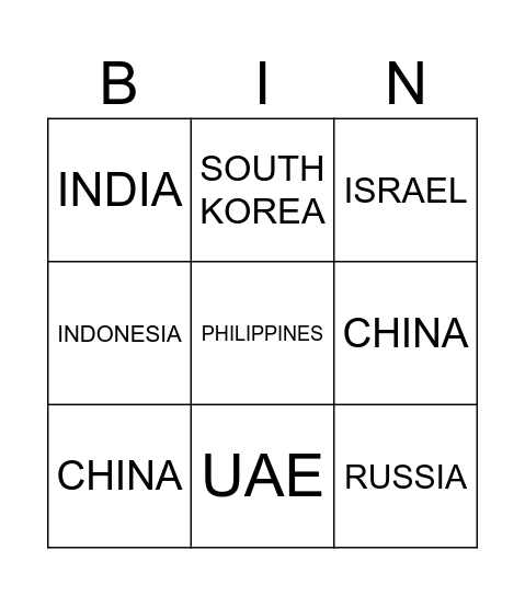 ASIA Bingo Card