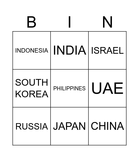 ASIA Bingo Card