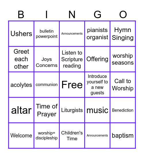 Worship Bingo! Bingo Card