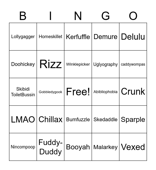 Funny Words Bingo Card