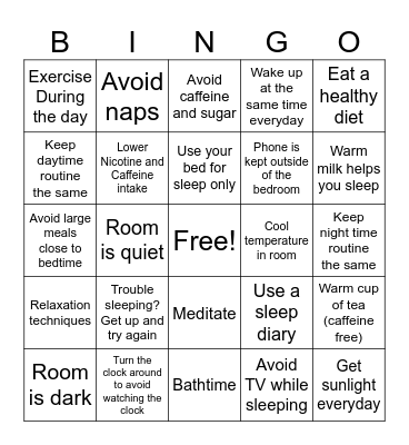 Good Sleep Hygiene Bingo Card