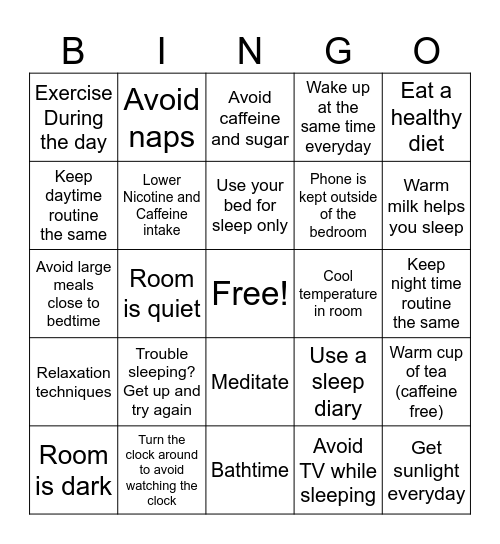 Good Sleep Hygiene Bingo Card