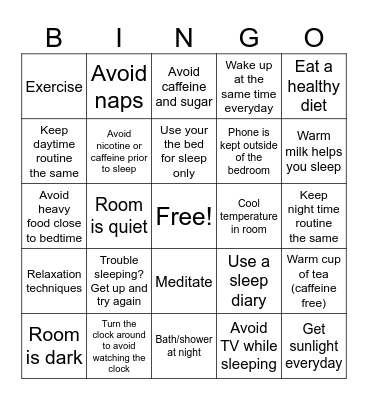 Good Sleep Hygiene Bingo Card