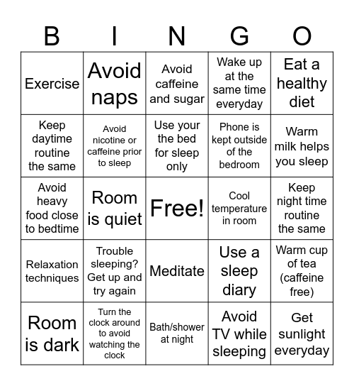 Good Sleep Hygiene Bingo Card