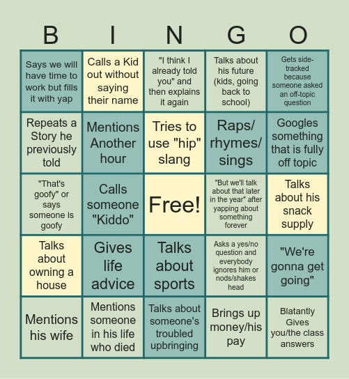 Teacher Bingo Card