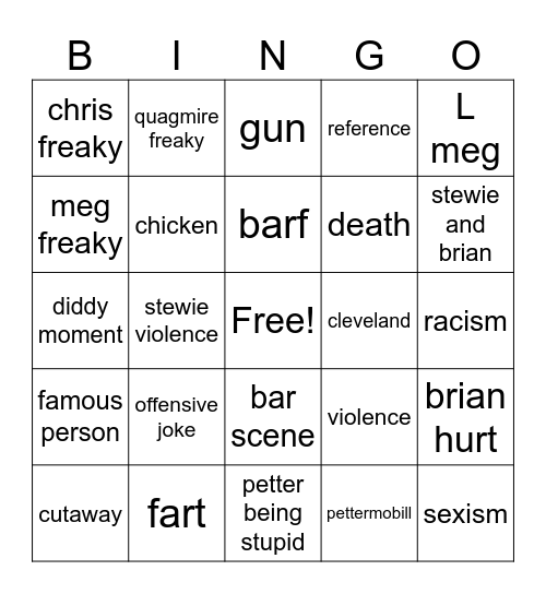 family guy Bingo Card