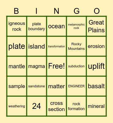 Rock Transformations Bingo Card