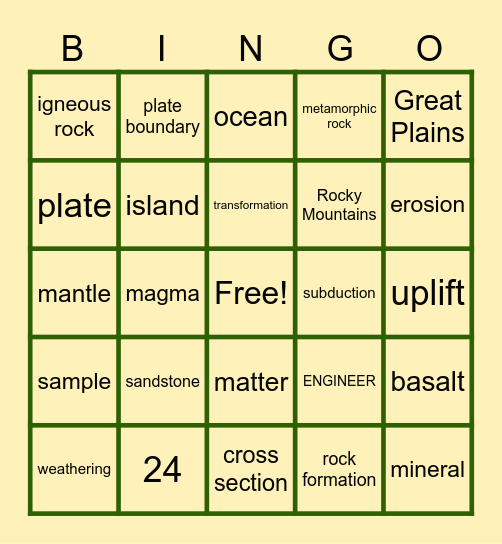 Rock Transformations Bingo Card