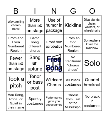 Sweet Adelines Bingo Card