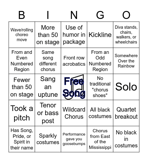 Sweet Adelines Bingo Card