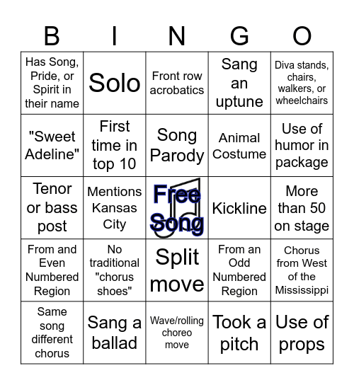 Sweet Adelines Bingo Card