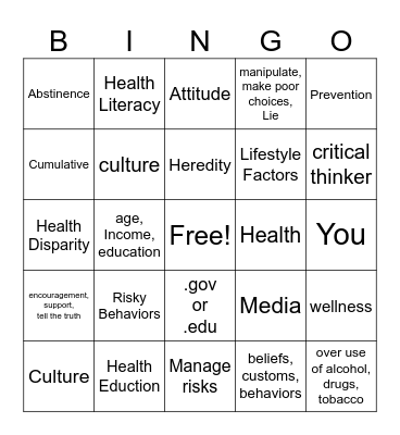 Health Ch1 Review #2 Bingo Card