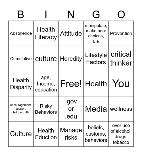 Health Ch1 Review #2 Bingo Card