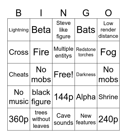 Minecraft horror bingo Card