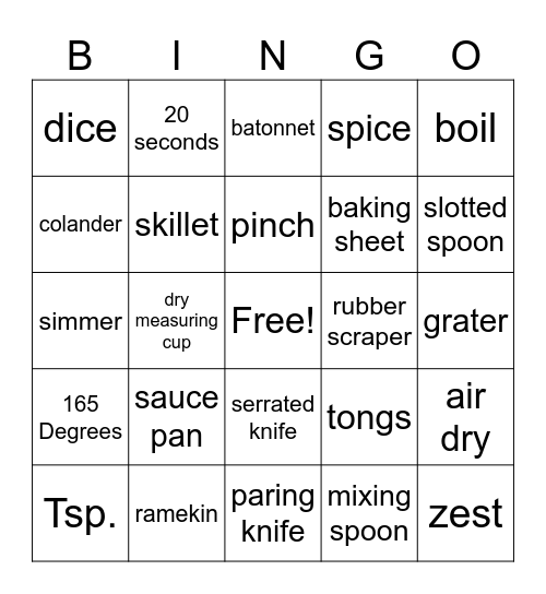 Culinary Vocabulary Review Bingo Card