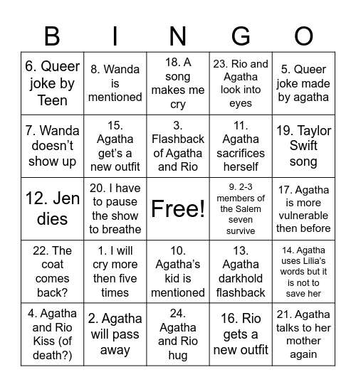 Agatha All Along Bingo Card