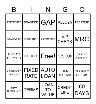 AUTO LOANS AND VIP CHECKS! Bingo Card