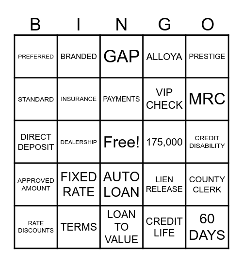 AUTO LOANS AND VIP CHECKS! Bingo Card