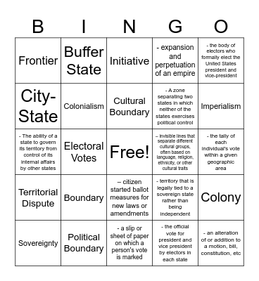 Political Geography: Vocab Bingo Card