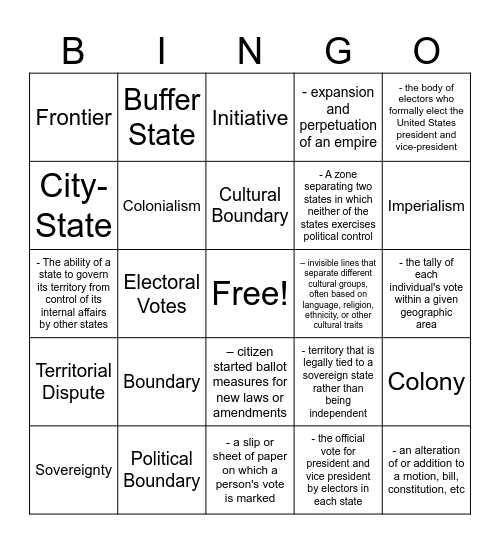 Political Geography: Vocab Bingo Card