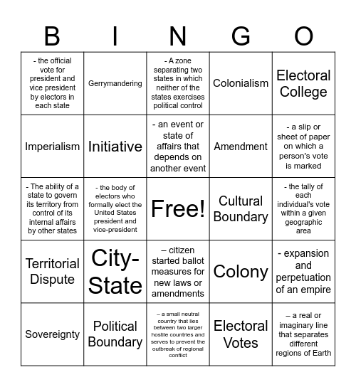 Political Geography: Vocab Bingo Card