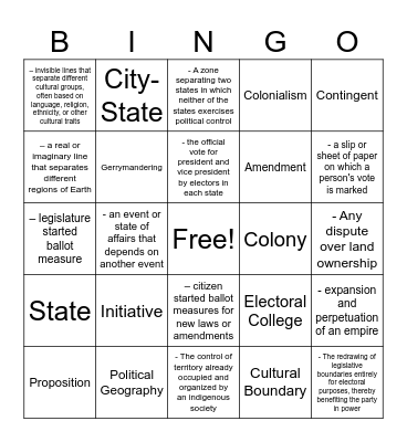 Political Geography: Vocab Bingo Card