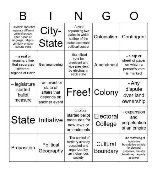 Political Geography: Vocab Bingo Card