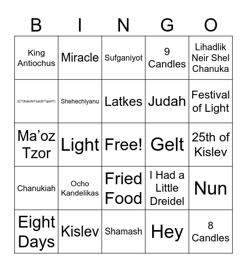 Hanukkah Bingo Card